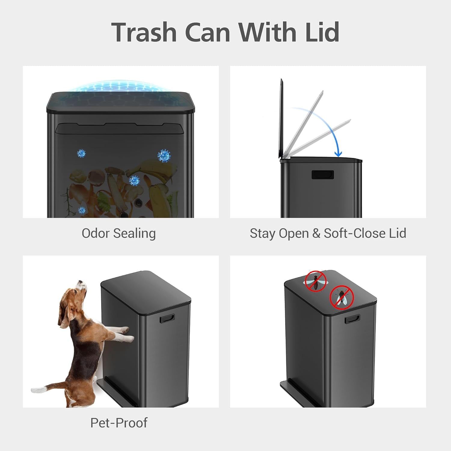 Garvee Stainless Steel 16 Gallon Trash Can, Step-On Dual Trash Bin, Black