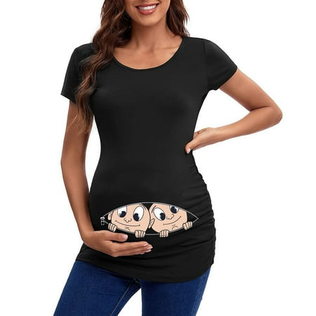 

Womens Maternity Short Sleeve Crew Neck Cute Funny Graphic Ruched Sides T Shirt Tops Pregnancy Tunic Blouse