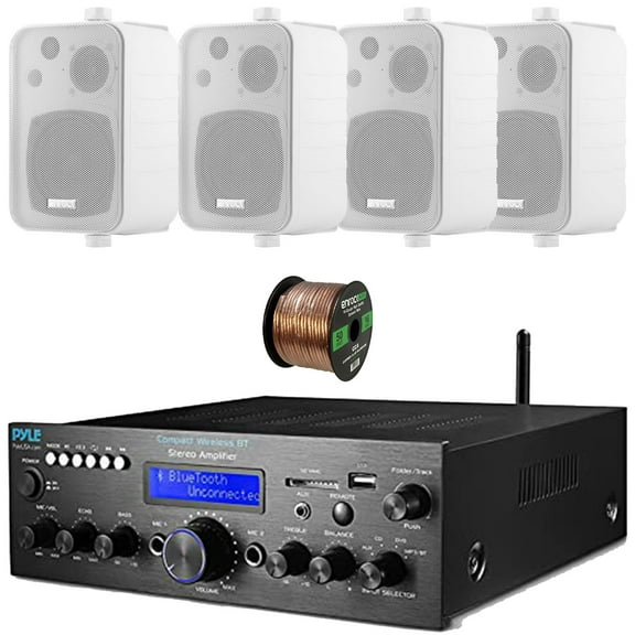 Pyle PDA612BU.5 Digital LCD Display AUX/MP3/USB/SD Bluetooth FM Radio Compact Home Audio Stereo Amplifier Receiver, 4x 4" 30W Max Power 3-Way Indoor/Outdoor Speakers, 50 Feet 16 Gauge Speaker Wire