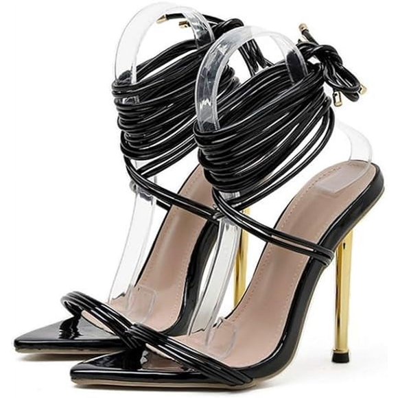 Women Gold Summer Strappy Heeled Sandals Sexy Buckle Ankle Strap Pointed Open Toe Dressy Thin High Heels Shoes for Women Girls