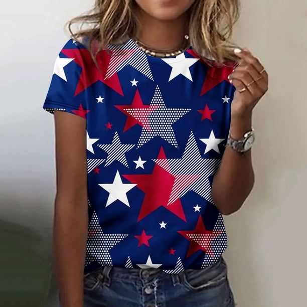 Fiudx Ofertas Flash Del Día Moda Mujer Casual Cuello Redondo Impresión Blusa Manga Corta Camiseta Verano Tops