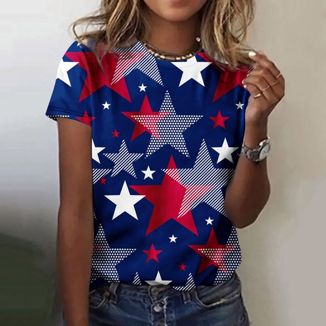 Fiudx Ofertas Flash Del Día Moda Mujer Casual Cuello Redondo Impresión Blusa Manga Corta Camiseta Verano Tops