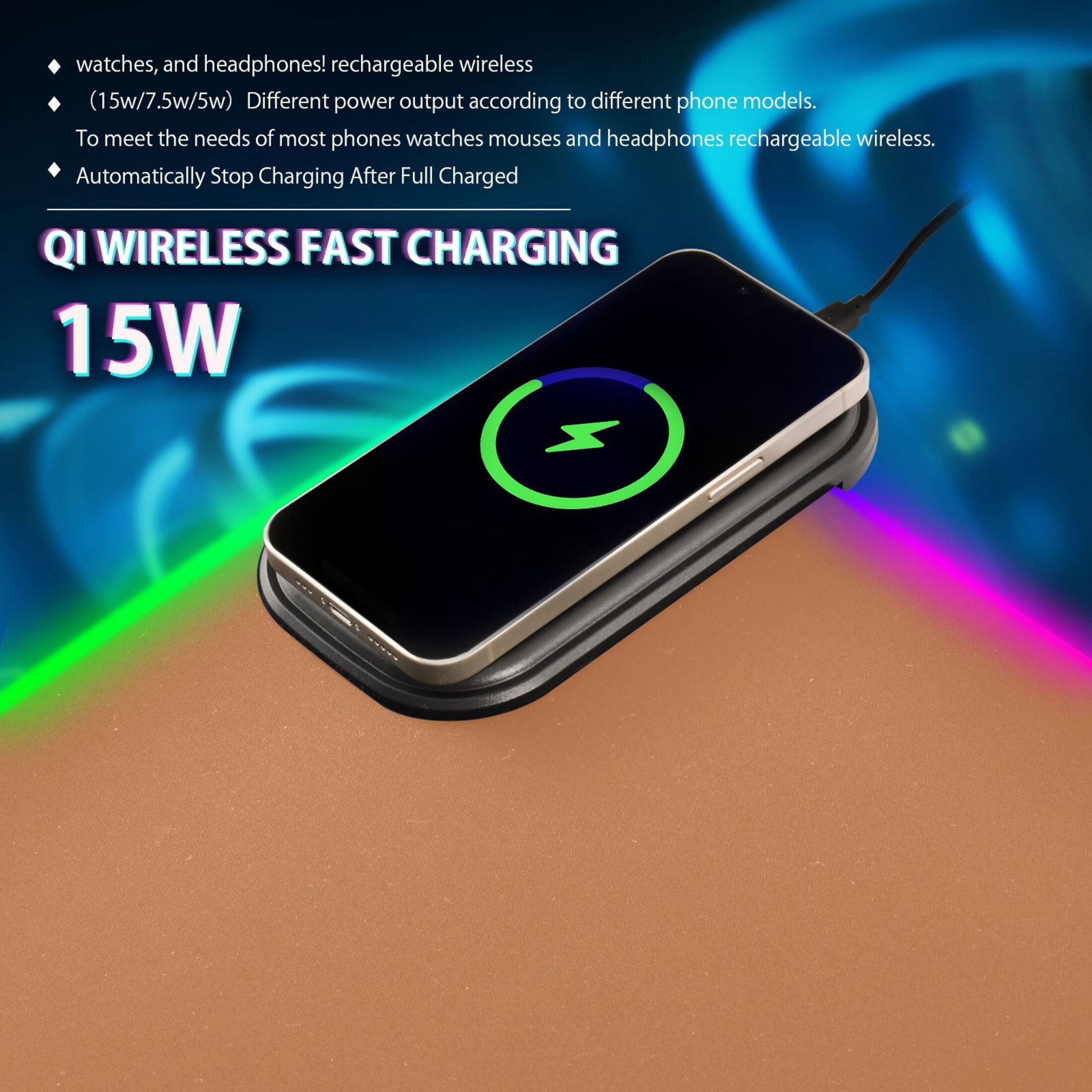 Wireless Charging Mouse Pad Large RGB Gaming Desk Mat 13 Light Modes Mousepad 31.5x11.8 Brown