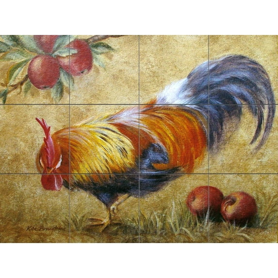 Tile Mural Kitchen Backsplash - Rooster with Apples 2 - by Rita Broughton