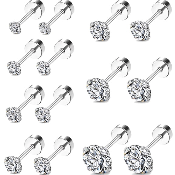 DESIGNICE 7 Pairs Flat Back Stud Earrings 316L Stainless Steel Cubic Zirconia Earrings Stud for Women Men Flat Back Earrings Silver, Silver