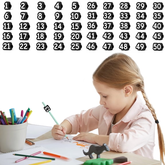 50 Pcs Numbered Pencil Toppers 1-30,Reusable Pencil Label Tags,Classroom Tracking Markers for Supply Station Storage & Organization (Black,Number 1-50)