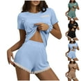 thumbnail image 5 of Ensemble de Pyjama pour Femmes 2 Pcs Pyjama Côtelé Doux Manches Courtes et Shorts avec Dentelle Ensemble de Nuit Mignon, 5 of 5