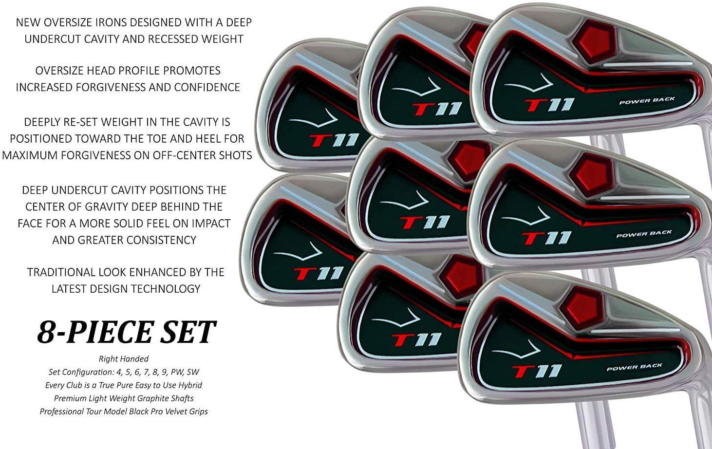 T11 Power Back XL Big & Tall (+2" Over Men's Standard Length) Iron Set 4-SW Golf Clubs Right Handed Regular Flex Steel Shafts with Jumbo Black Pro Velvet Grip