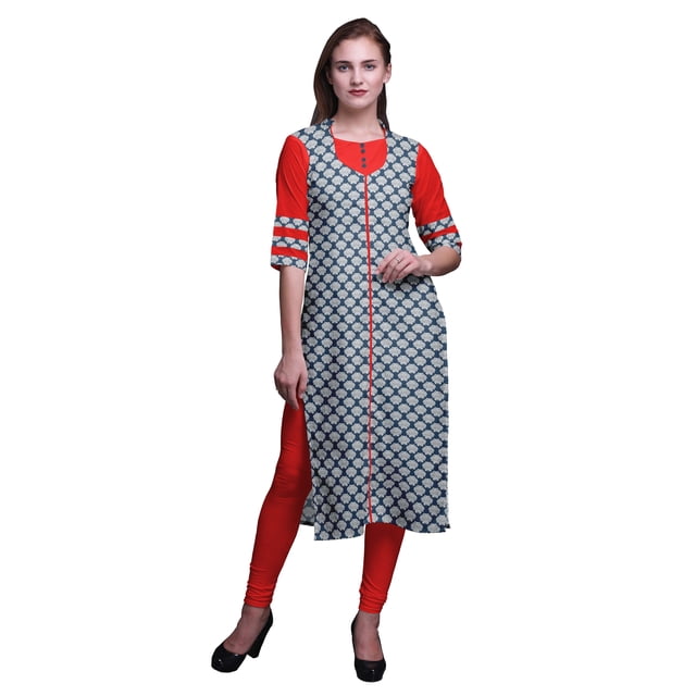 Bimba Long Straight Kurti For Women Printed Indian Rayon Slub 3/4 Sleeve Tunic