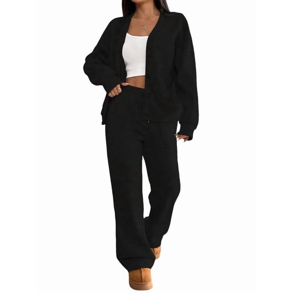 Two Piece Lounge Sets for Women Oversized Button Up Cardigan Wide Leg Pants Matching Loungewear Y2K Clothes Black L