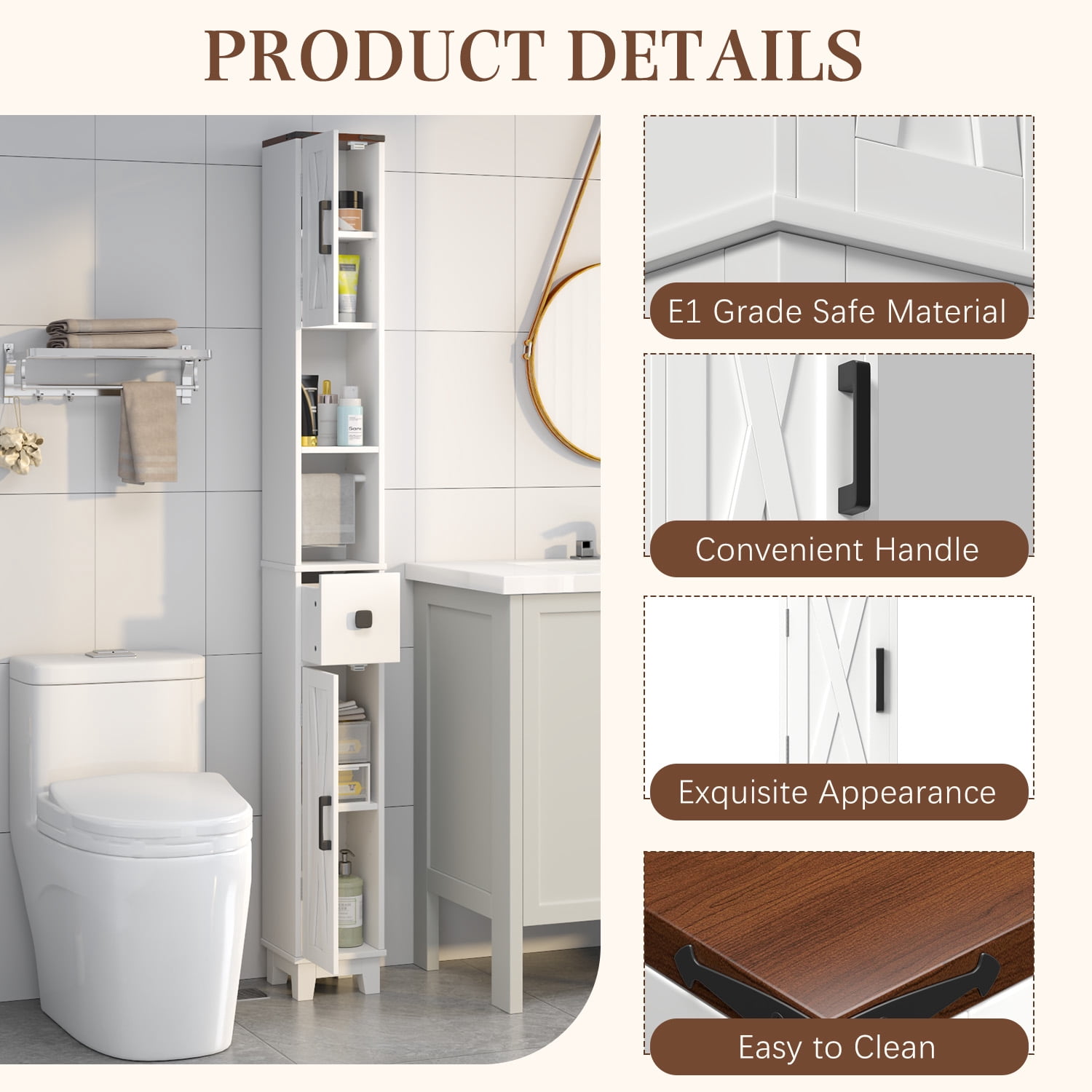 Erinnyees Narrow Bathroom Storage Cabinet, Skinny Freestanding Floor Cabinet, with Adjustable Shelves & Towel Bar, for Small Space, Living Room, Laundry Room, White
