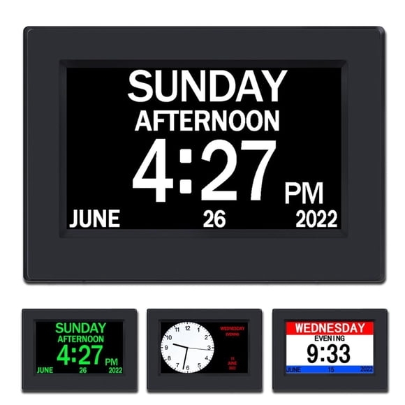 AINFTIME Reloj con día y fecha para personas mayores, pantalla de 3 colores, calendario digital, reloj despertador, demencia, Alzheimer, con pantalla extra grande (7 pulgadas, negro)