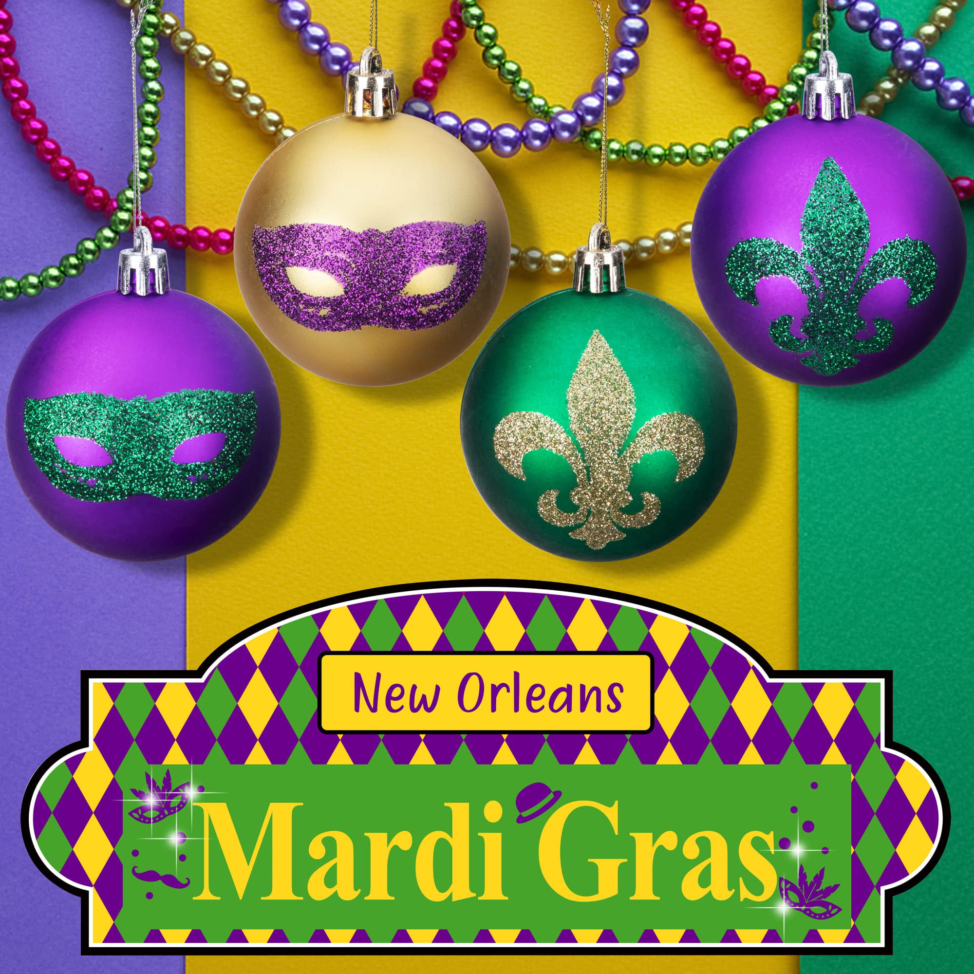  12PCS Mardi Gras Ball Ornaments - ​2.36 Glitter
