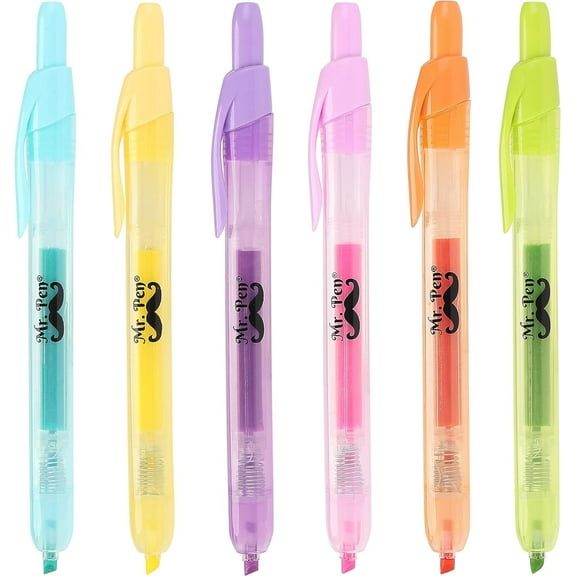 Mr. Pen- Retractable Highlighters, 6 Pack, Pastel Colors, Chisel Tip, No Smear Click Highlighter, Bible Journaling Highlighter, Highlighter Markers Retractable, Highlighter Pens, Mild Highlighters