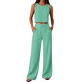 thumbnail image 3 of Linen Look Two Piece Set for Women, Sleeveless Crop Top & Wide Leg Pants with Pockets - Summer Casual Lounge Outfit Light Green M, 3 of 7