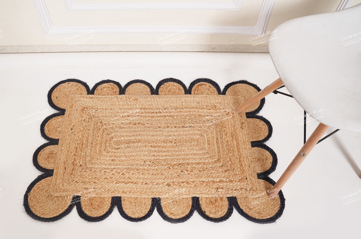 Rectangle Rug Natural Jute Rug Hand Braided Beige and Navy Blue Color Area Rug