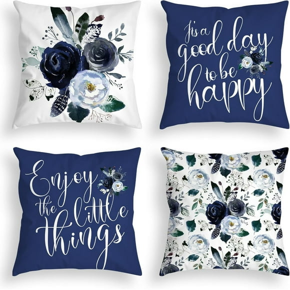Navy Blue Floral Throw Pillow Covers Set of 4 20x20 Inch Velvet Cushion Cases with White Grey Roses Flowers and Modern Quotes for Spring Enhance Your Couch Bed Sofa with Elegance