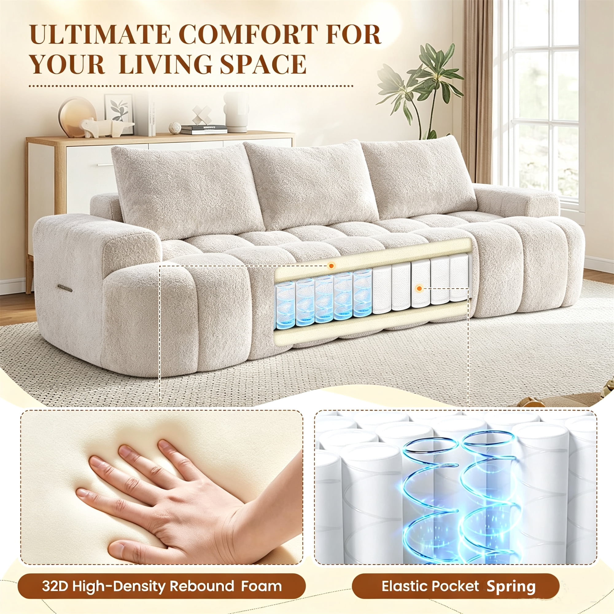 Aukfa 100" Oversized Boucle Cloud Sofa Deep Seat Boneless Couch with Curved Front for Living Room, Camel