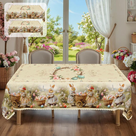 Txlpkdyx Easter Tablecloth,140x200cm Adorable Rabbits,Easter Eggs,and Floral Print Vibrant Colorful Tablecloth,Home Table Top Decoration