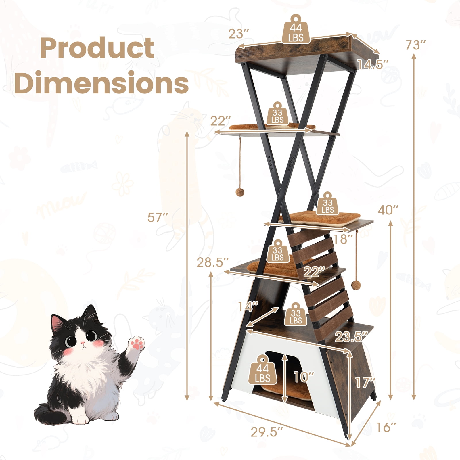 Costway 73" Wooden Multi-level Cat Tower with Elevated Perch, Large Condo, Dangling Balls Rustic Brown + Brown