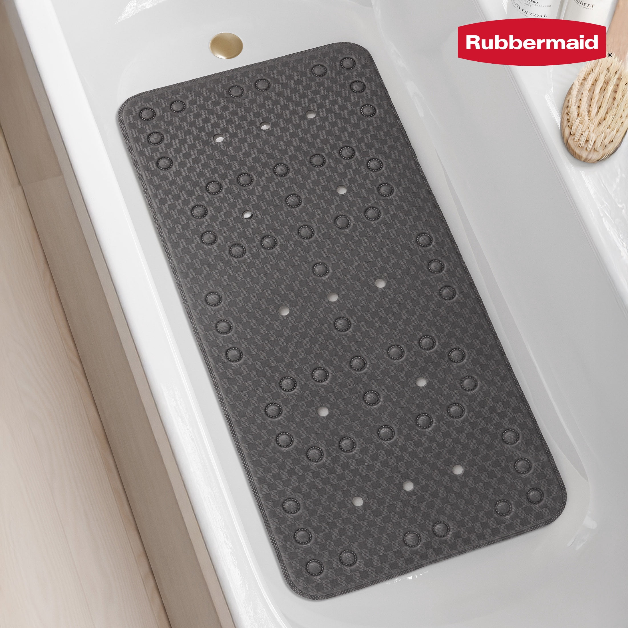 Rubbermaid Soft Foam Tub Mat, Non-Slip Bath Mat with Quick-Drain Holes, BPA-Free TPE, 35.88" x 17", Grey
