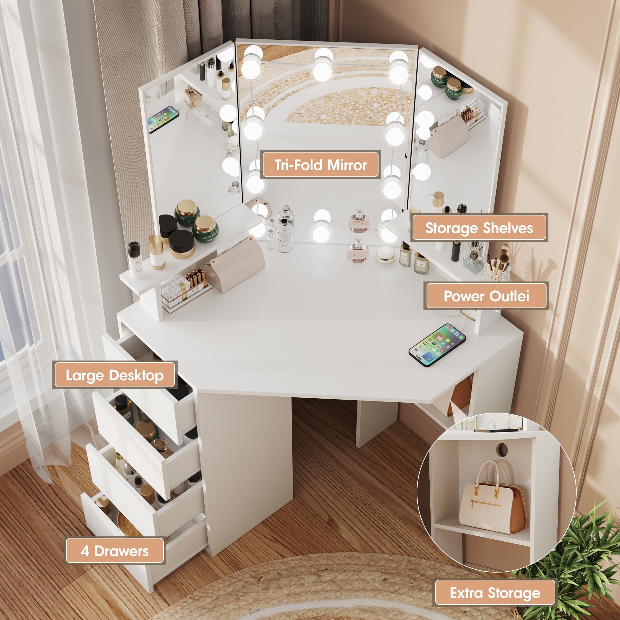 Veanerwood White Corner Vanity Desk with Mirror and Light,Makeup Table with 4 Drawers and Charging Station for Bedroom