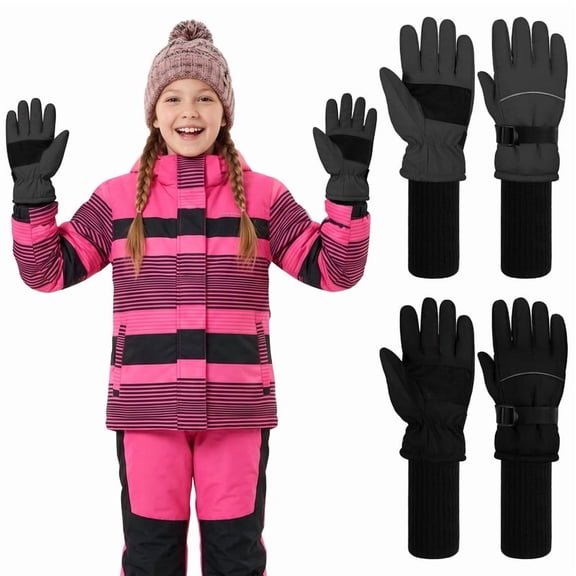 Cooraby 2 Pack Long Kids Winter Ski Gloves Waterproof Warm Snow Gloves Thick Unisex Mitten Gloves for Girls Boys