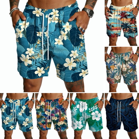 Domuza Hawaiian Beach Shorts for Men Lightweight Elastic Waist Drawstring Shorts Summer Vacation Casual Shorts with Pocket Blue M