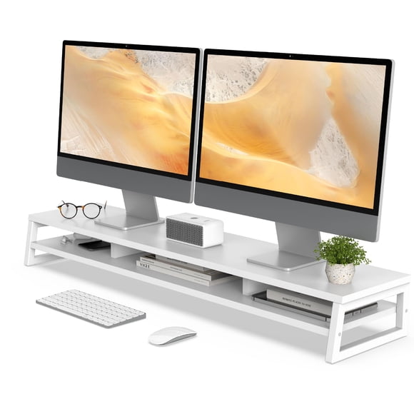 Fenge Dual Monitor Stand with 2 Drawers, 42.5 Inches Large Computer Riser for Desk, Adjustable Height Desk Shelf with Storage for Laptop, PC, TV, Pri