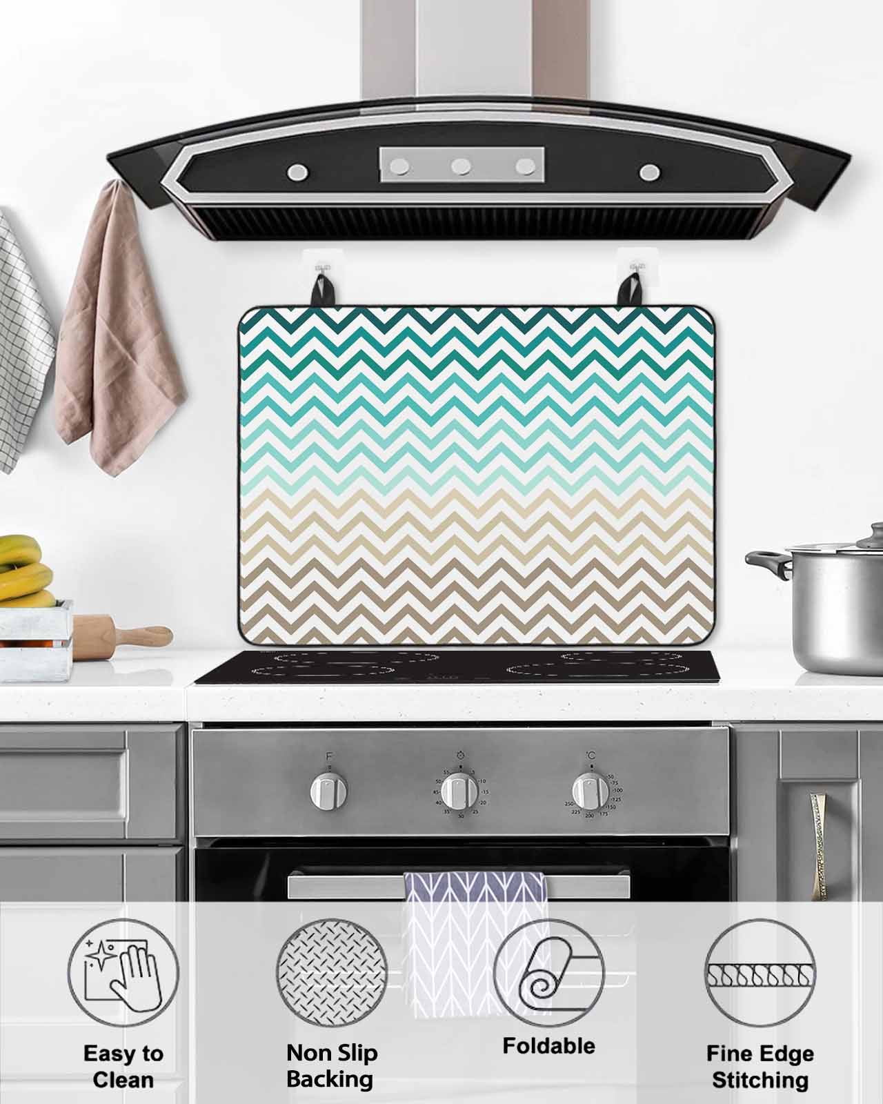 nqOlkjepod Large Induction Cooktop Protector Mat 24"x21", Turquoise Brown Stove Top Covers for Electric Stove, Gradient Geometric Stripes Chevron Wave Stove Burner Cover Mats, Glass Top Stove Cover