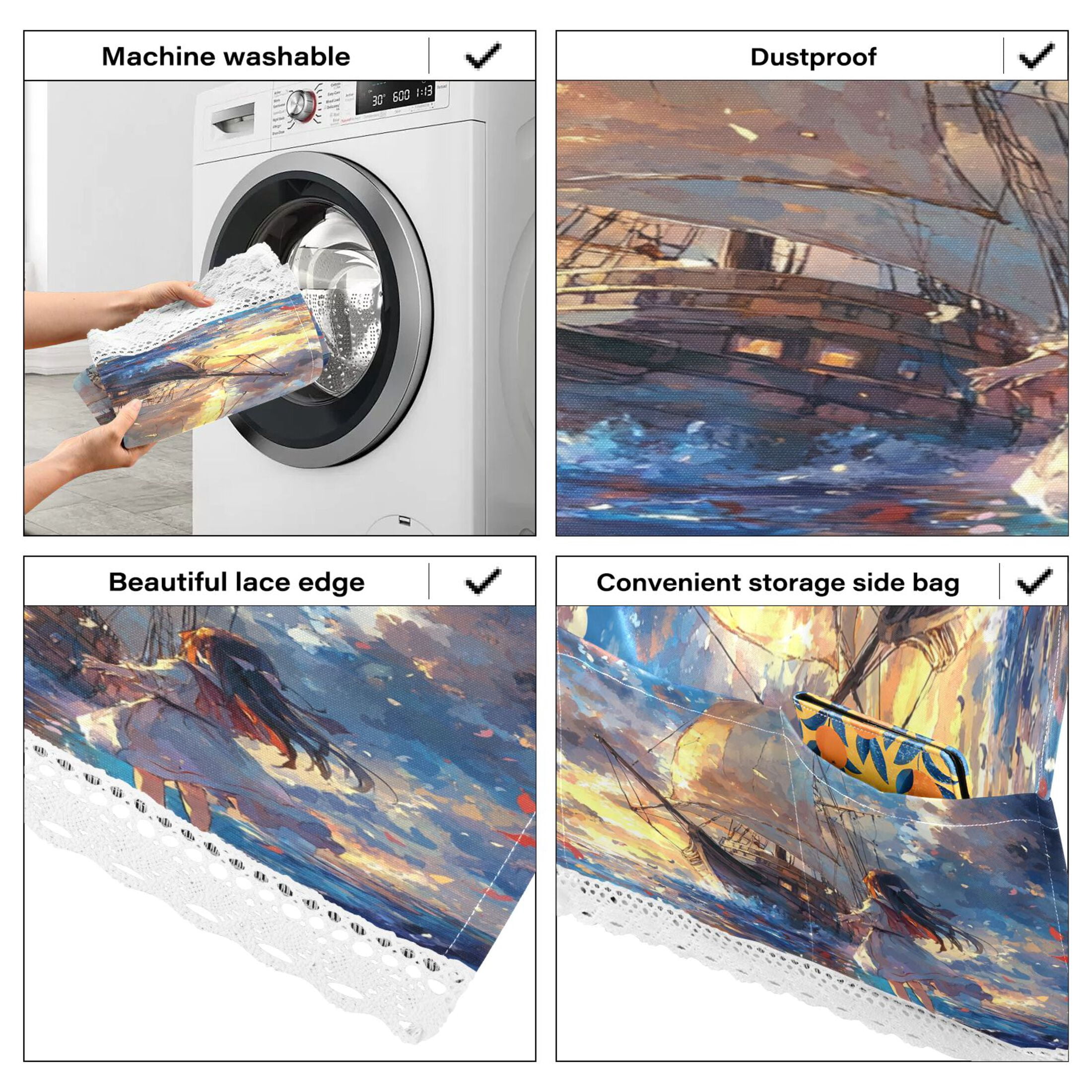 A Girl and SaiboatWasher and Dryer Covers Dust-Proof and Oil Resistant Fridge Cover with 4 Storage Pockets Washing Machine Top Cover for Laundry Kitchen Home 51.2 x 22 In