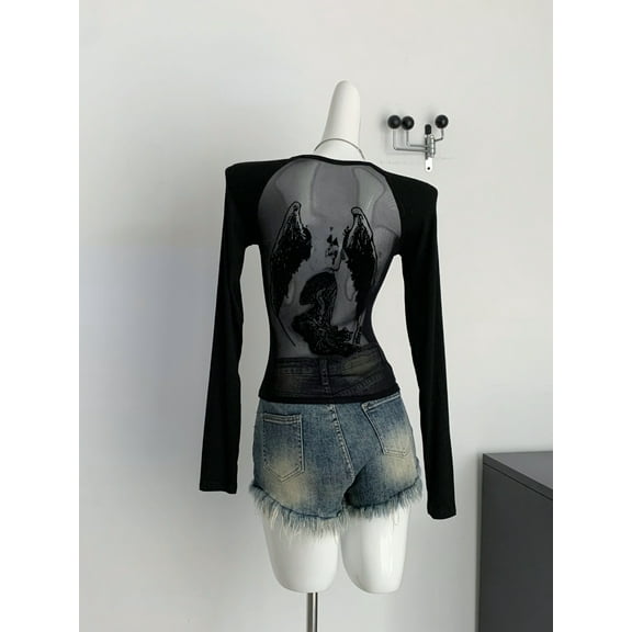 Black Retro Angel Print T-shirt for Women 2024 summer Fashion Slim Fit Tee Shirt Y2k Long Sleeve Bottoming Tops Mujer koreran fa
