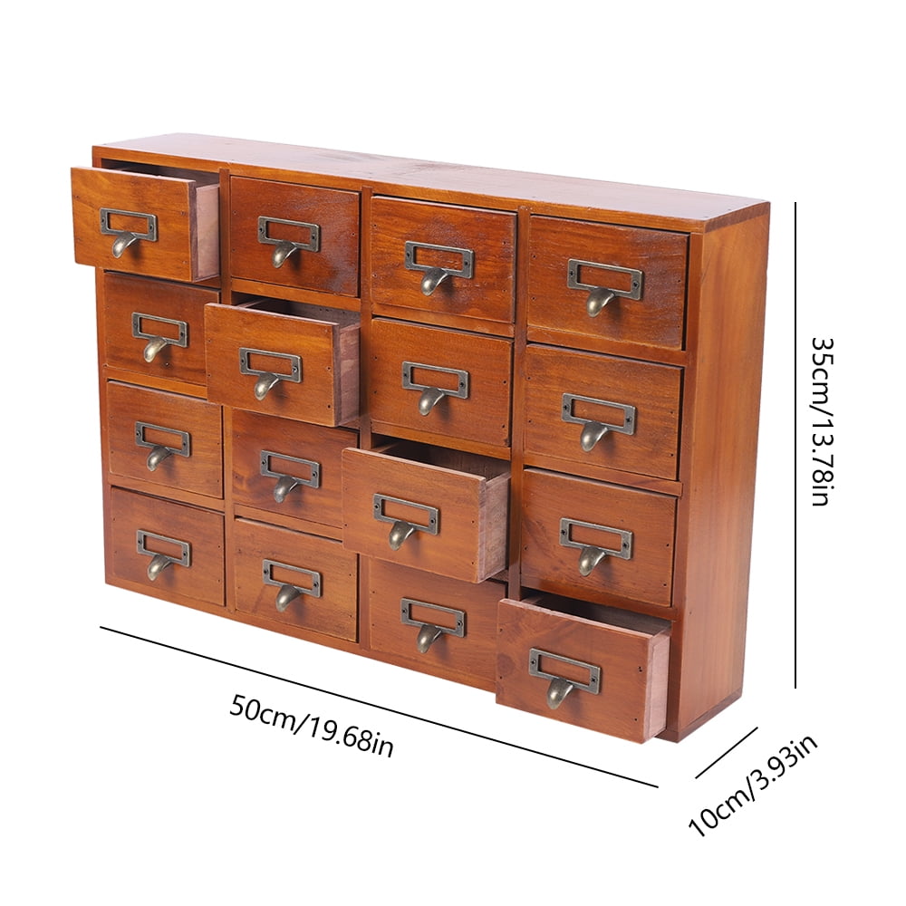 Loyalheartdy 16 Drawers Desk Drawer Organizer Retro Apothecary Medicine Cabinet Wooden Storage Box Label Holder 20x4x14In