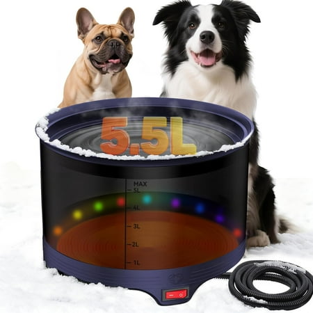 5.5L Heated Water Bowl, 1.45Gal Large Heated Dog Bowls for Outside, Outdoor Winter Waterproof Heat Pet Water Bowl with Chew Resistant Power Cord & LED Neon for Dog/Cat/Chicken/Duck/Rabbit