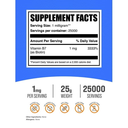BulkSupplements Pure Biotin Powder - Vitamin B7, 1mg per Serving - 25g, (0.88 oz)