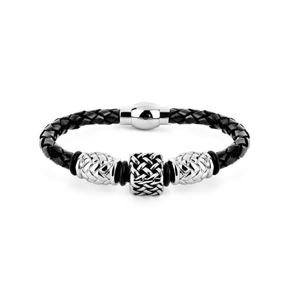 West Coast Jewelry Men's Steel Square Bead Braided Leather Bracelet - 8 Inches