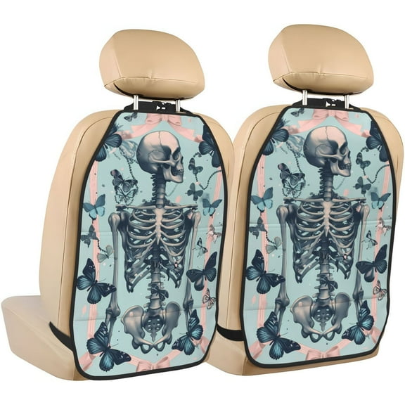 Naloa Butterflies Skull Bows 2Pcs Anti-Kick Back Seat Cover Kick Mat, Car Seat Protector with 3 Storage Pockets