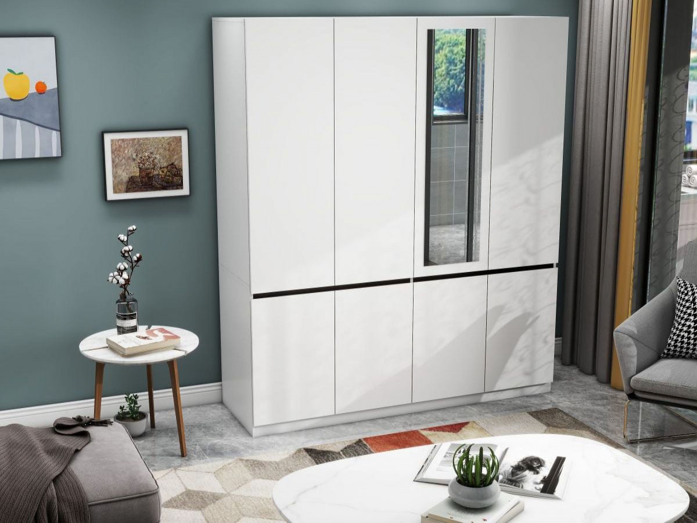 Modern Minimalist Style Wardrobe Armoire，Four-Door Pull-Free Silver Mirror Wardrobe with Built-In Mirrors (White,W62.99 x D20.47x H74.02)
