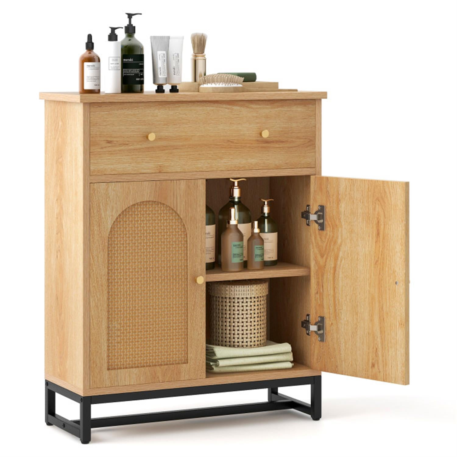 Demi Bonn Accent Floor Storage Cabinet with Rattan Doors, Bathroom Cabinet with Large Drawer, Freestanding Storage Cabinet Organizer, Beige