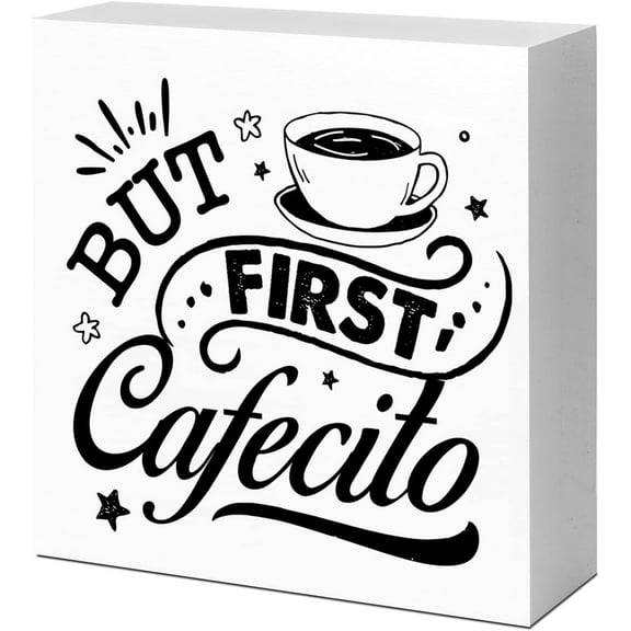 Zomyto 5"x5" But First Cafecito Wood Box Sign Desk Decor,Funny Coffee Cup Wood Block Plaque Box Sign Desk Decorations