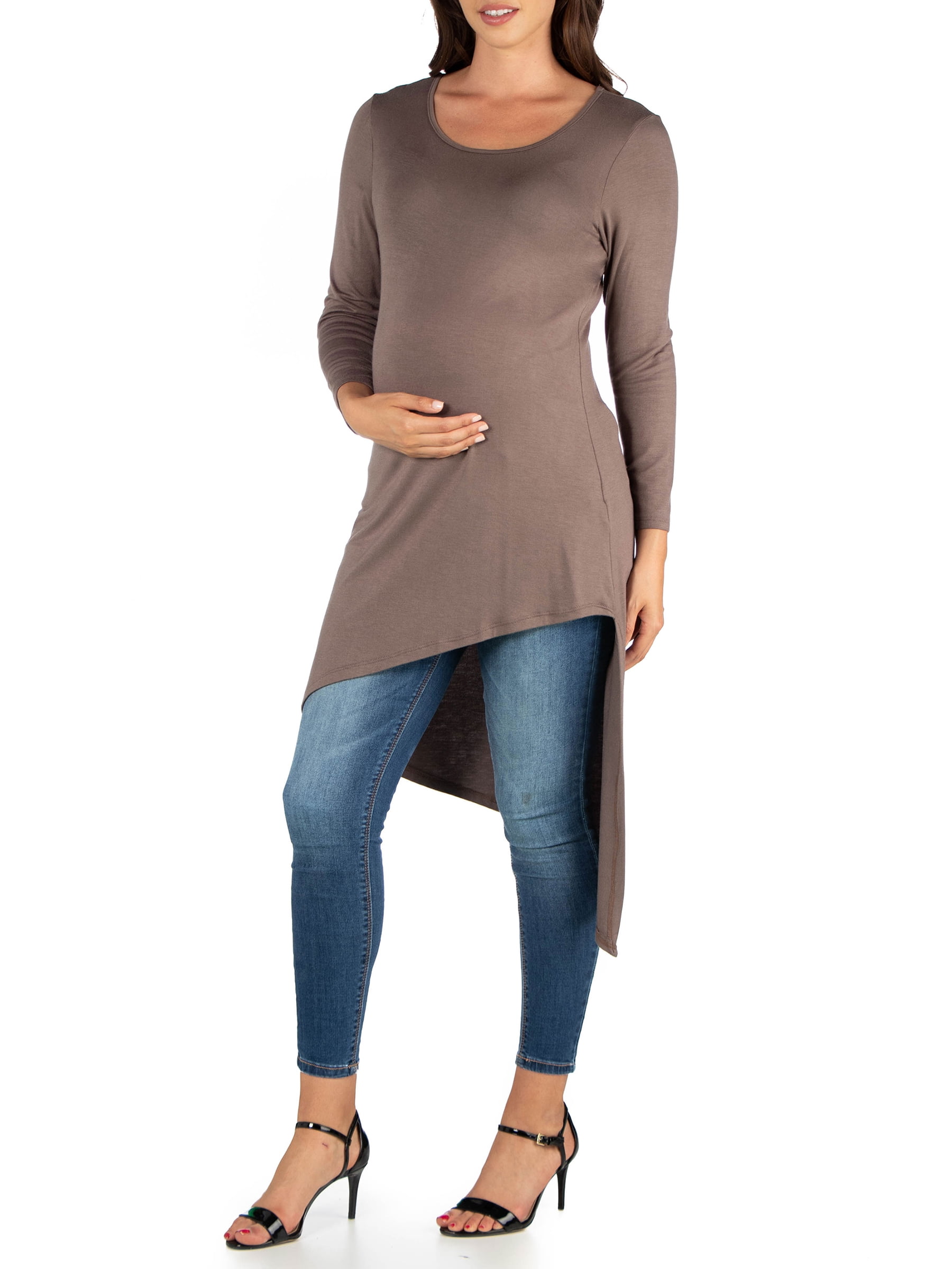 24seven Comfort Apparel Long Sleeve Knee Length Asymmetrical Maternity Tunic Top