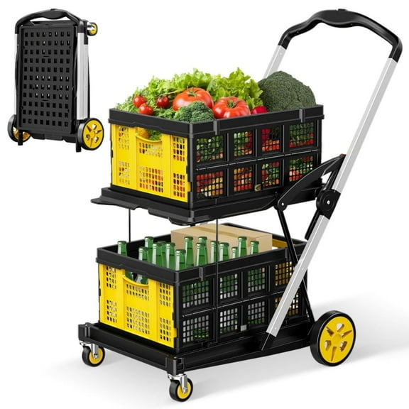 Rvchic Functional Collapsible Carts with 2 Storage Crates,8-in-1 Mobile Folding Trolley with 360°Rolling Wheels for Shopping,Picnic,Warehouse,Yellow