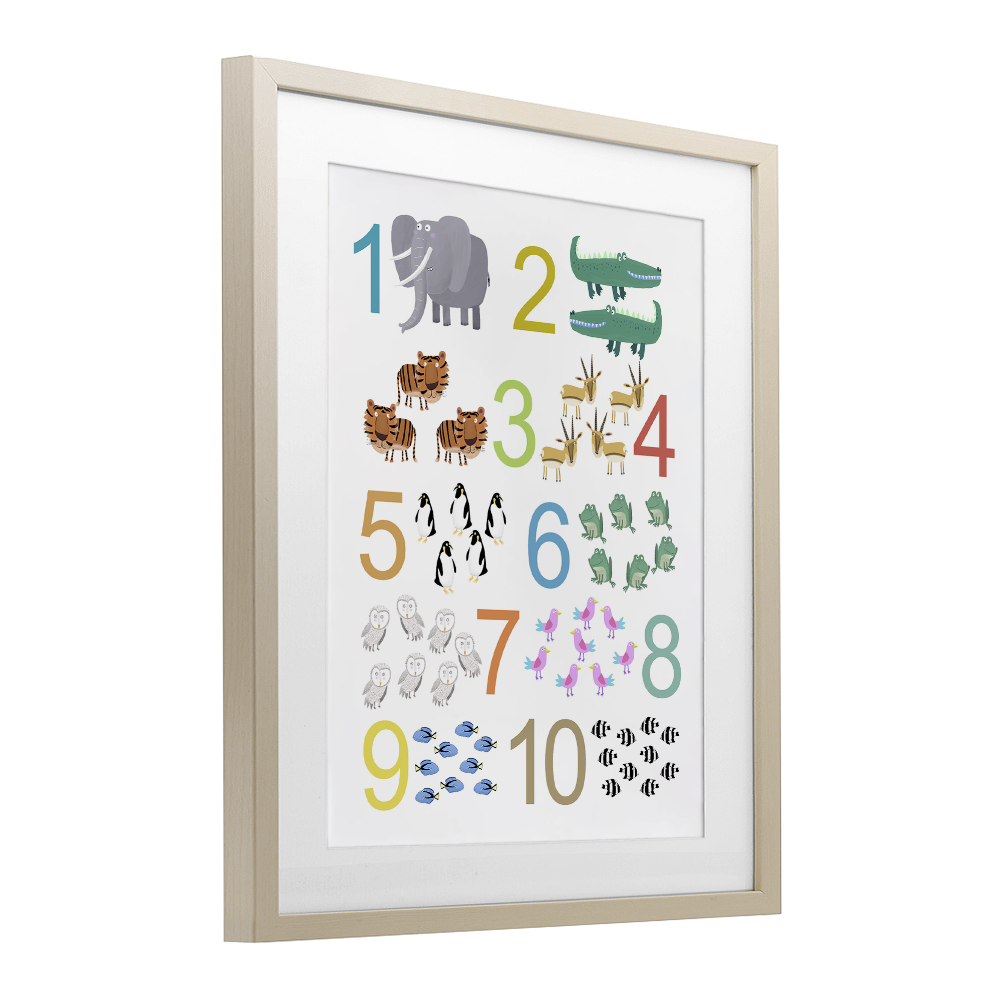Kid's Counting Animals Birch Framed Print Under Glass, design by Carla Daly