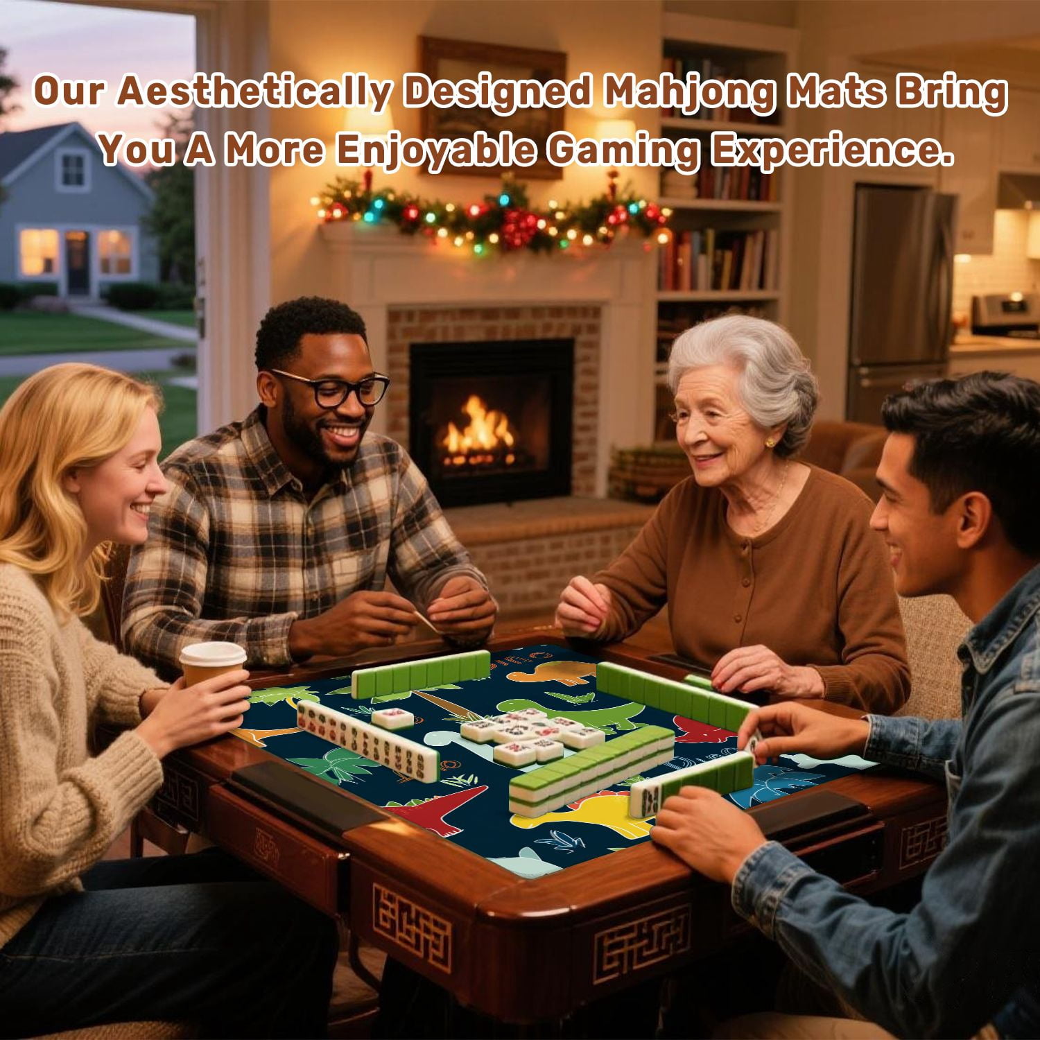 Mahjong Mat 31.5" x 31.5" seamless colorful dinosaurs dinosaur silhouette Non-Slip Noise Reduction American Mahjong Tiles Table Cover for Dominoes Poker Card Board Games Gift