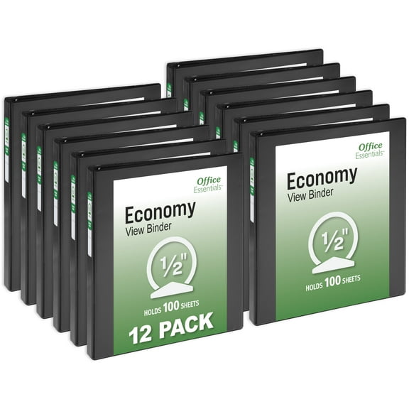 Office Essentials Economy View 3 Ring Binders, 0.5" Round Rings, 0.7" Spine, 100-Sheet Capacity, Black Binders (12-Pack of 03423)