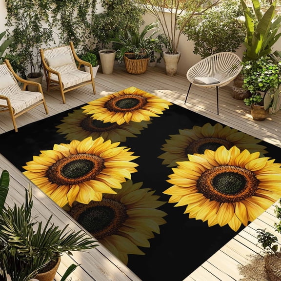 Fsddascl Spring Sunflower Outdoor Rug for Patio/Deck/Porch, Non-Slip Large Area Rug 4 x 6 Ft, Black Vintage Abstract Painting Indoor Outdoor Rugs Washable Area Rugs, Reversible Camping Rug Carpet