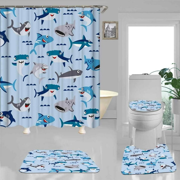 4PCS Shark Shower Curtain Sets with Rugs, Kids Shower Curtain, Waterproof Fabric Blue Shower Curtain Cartoon Sea Ocean Animal Underwater World Fish Beach Coastal Anchor Nautical Bathroom Decor