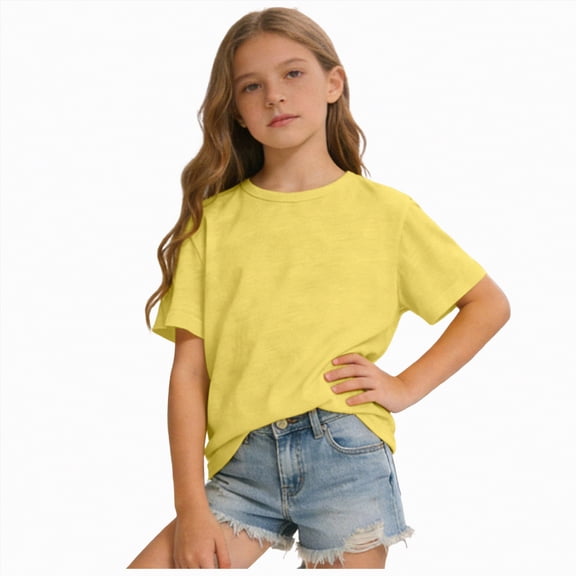 Hessimy Girls Short Sleeve T Shirts Loose Fit Curve Hem Tunic Tops(Yellow,150)