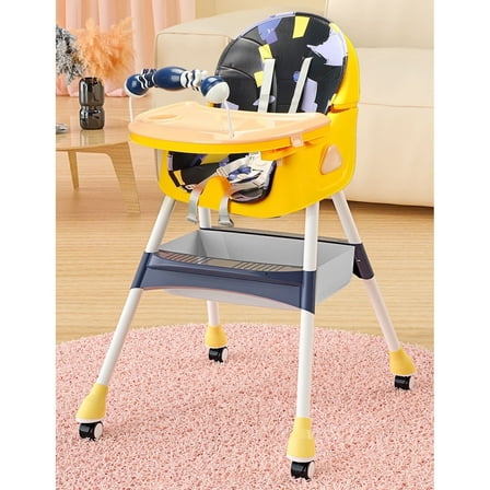Yvagay 5-in-1 Baby High Chair with PU Leather Seat, Removable Double Trays, Locking Wheels, Height Adjustable & Foldable Feeding Chair for 6M–5Y