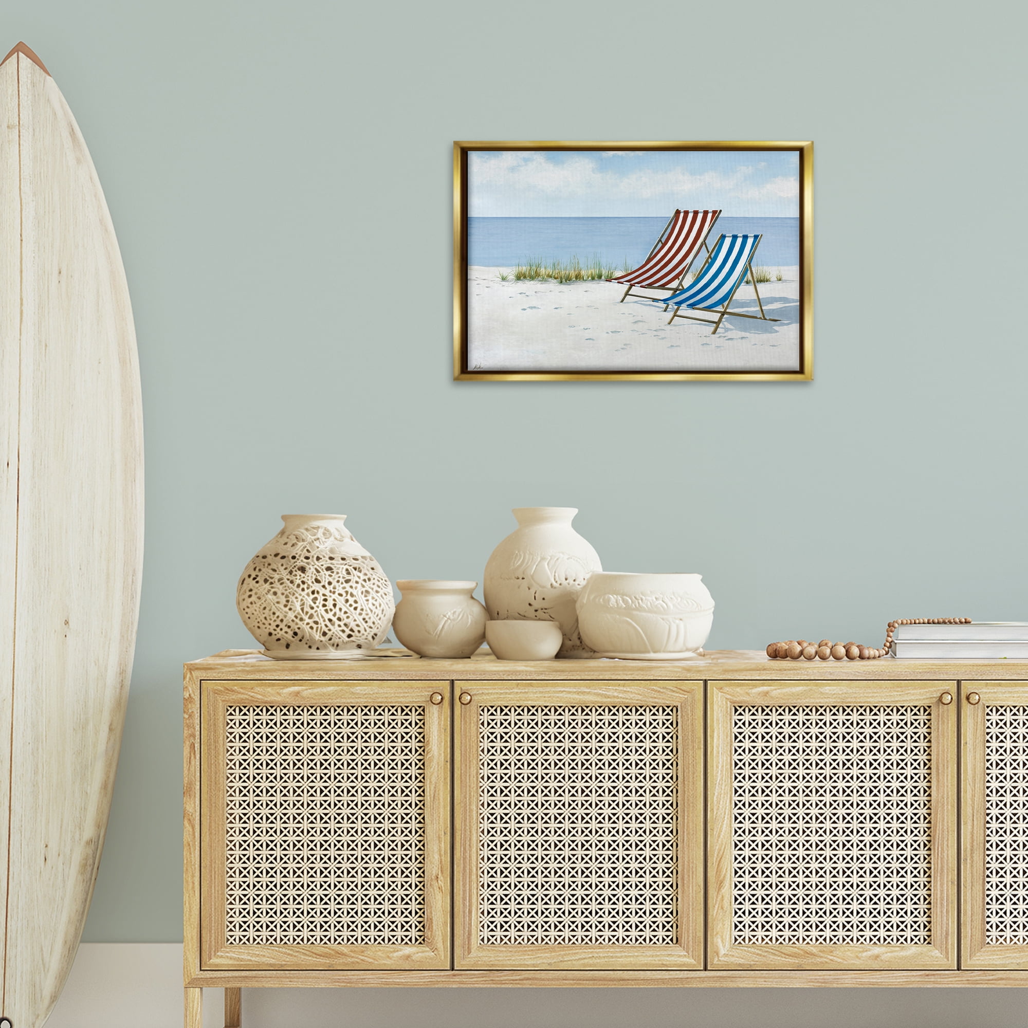 Stupell Industries Serene Beach Chairs Landscape Painting Gold Floater Framed Canvas Art Print Wall Art, 25 x 17